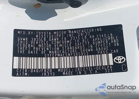 2022 Toyota Corolla Le from USA, damaged, VIN 5YFEPMAE5NP365953